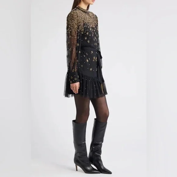 FARM RIO Black Embroidered Tulle Overlay Belted Long Sleeve Mini Dress,Small,398 - Picture 11 of 16